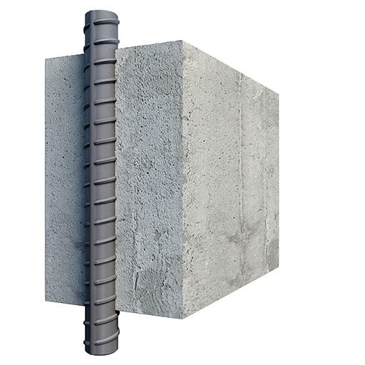 Animated GIF illustration showing reinforced concrete protected from chloride with protective coating as shield