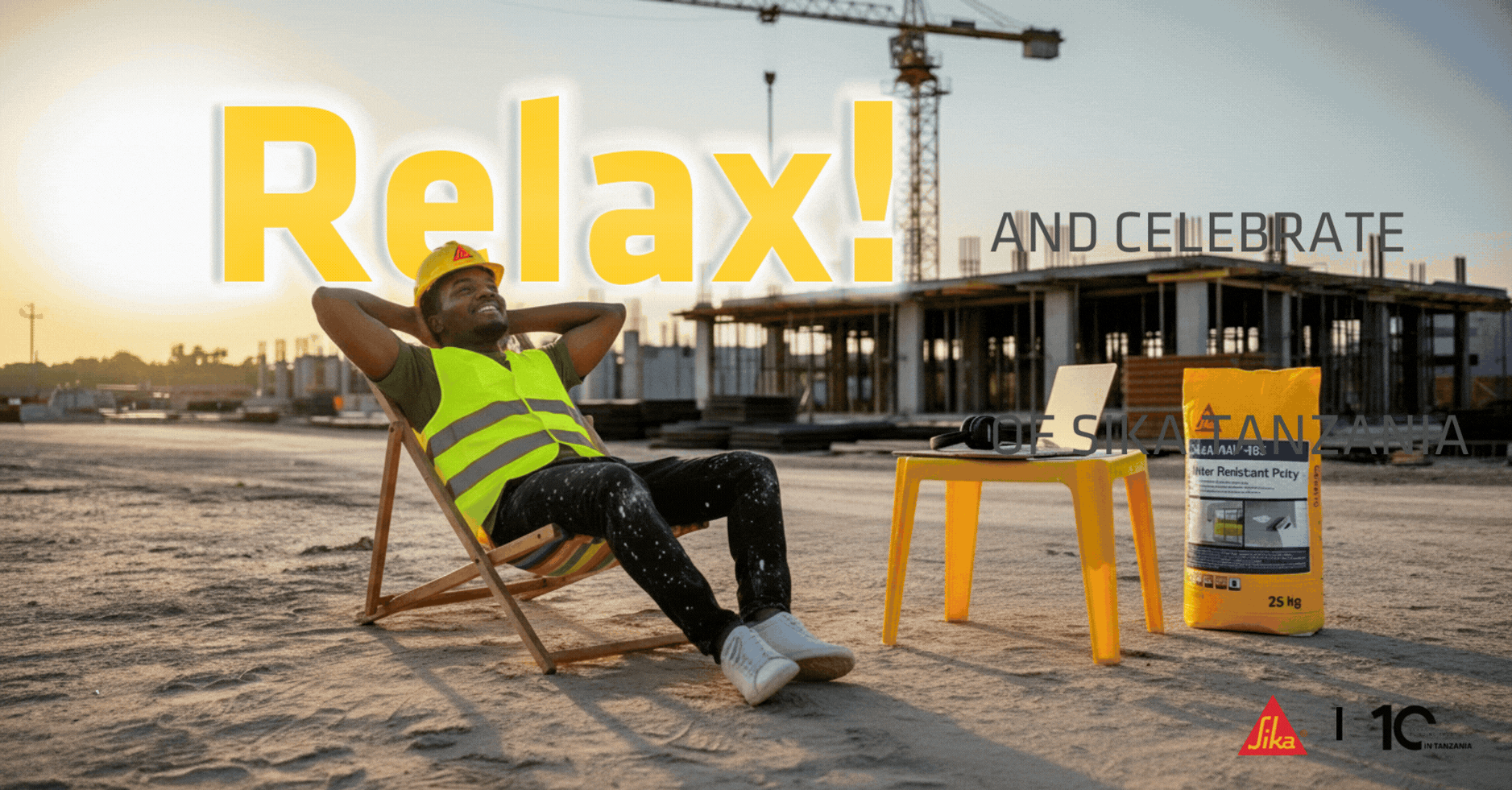 Construction worker relaxing at sunset