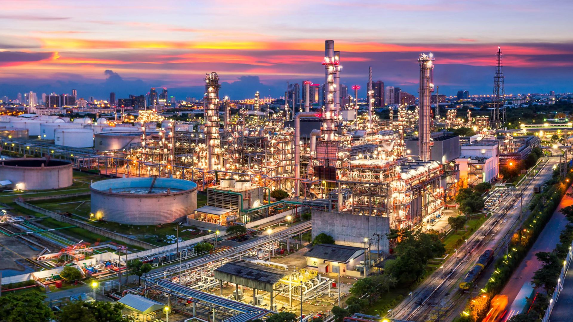 Aerial view of Oil and gas industry - refinery, Shot from drone of Oil refinery and Petrochemical plant at twilight, Bangkok, Thailand