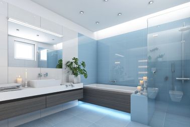 Bright Bathroom In Blue With Candels