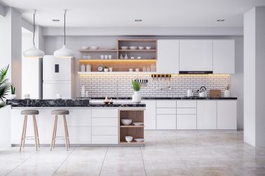 一个舒适的现代厨房白色室内.3DRENDER