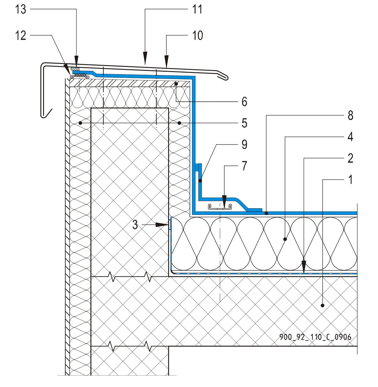 CAD Detalji - sustav mehanički prišvršćenog krova - parapetni zid sa metalnom okapnicom i zabrtvljenom膜