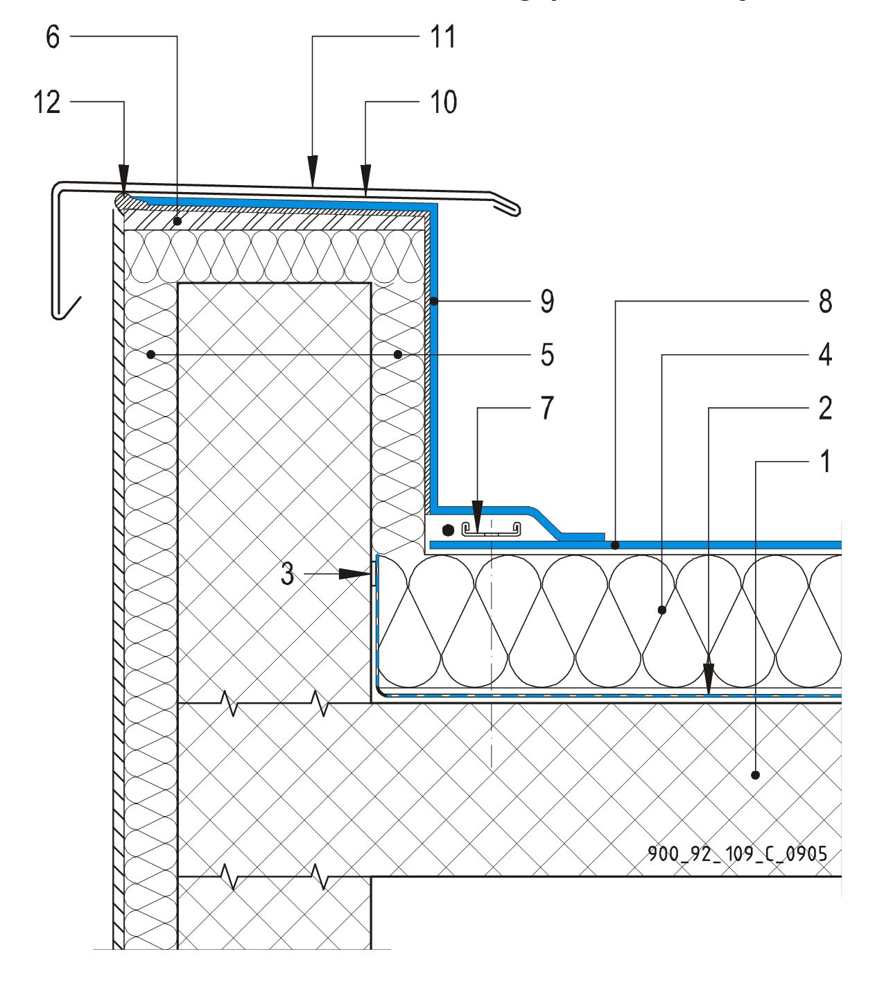 CAD Detalji - sustav mehanički pričvršćenog krova - parapetni zid的metalnom okapnicom