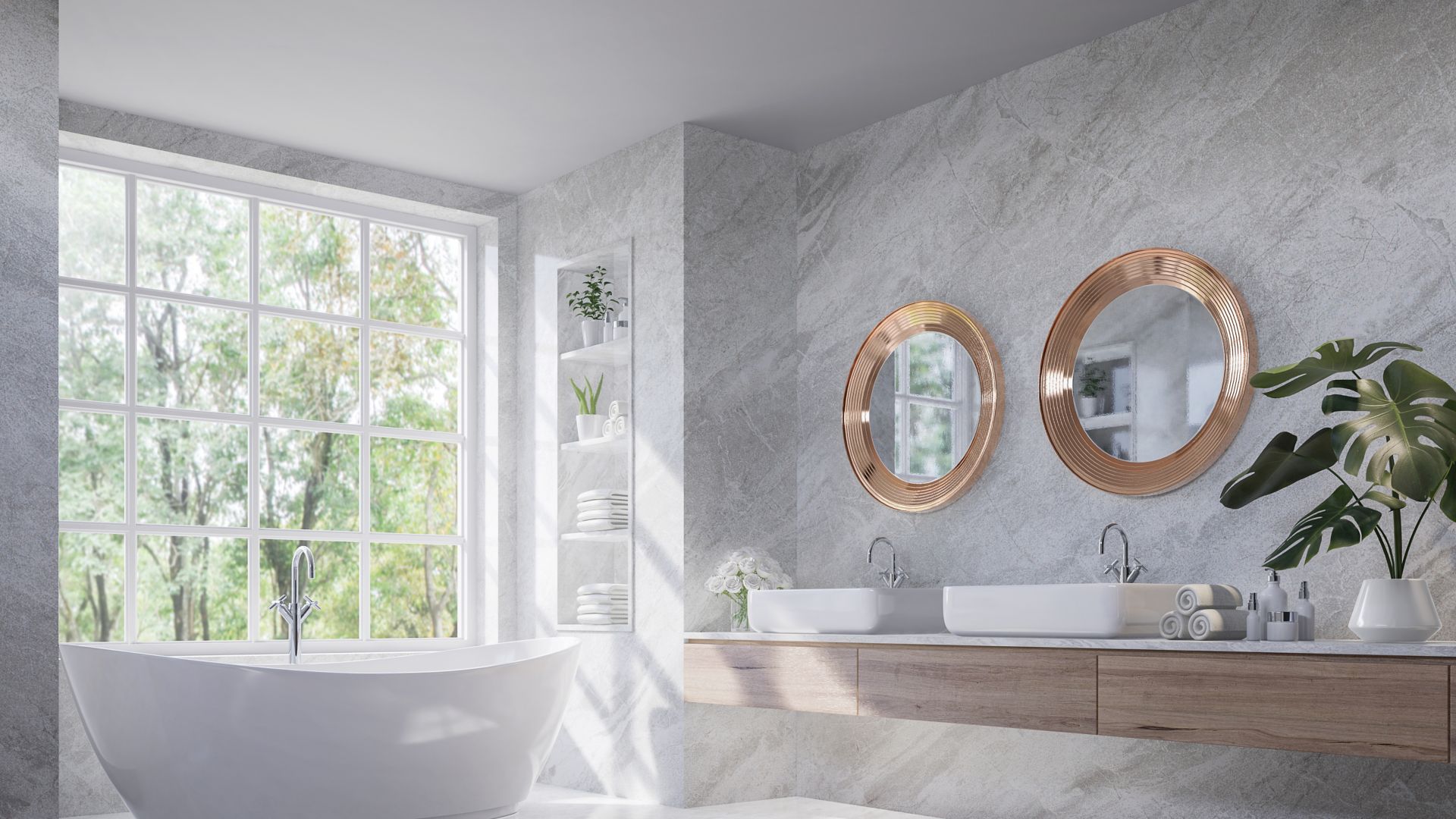 Luxury style light gray bathroom 3d render,There are marble floor and wall ,wooden sink counter and copper frame mirror,Rooms have large windows, overlook nature view,sunlight shining into the room.