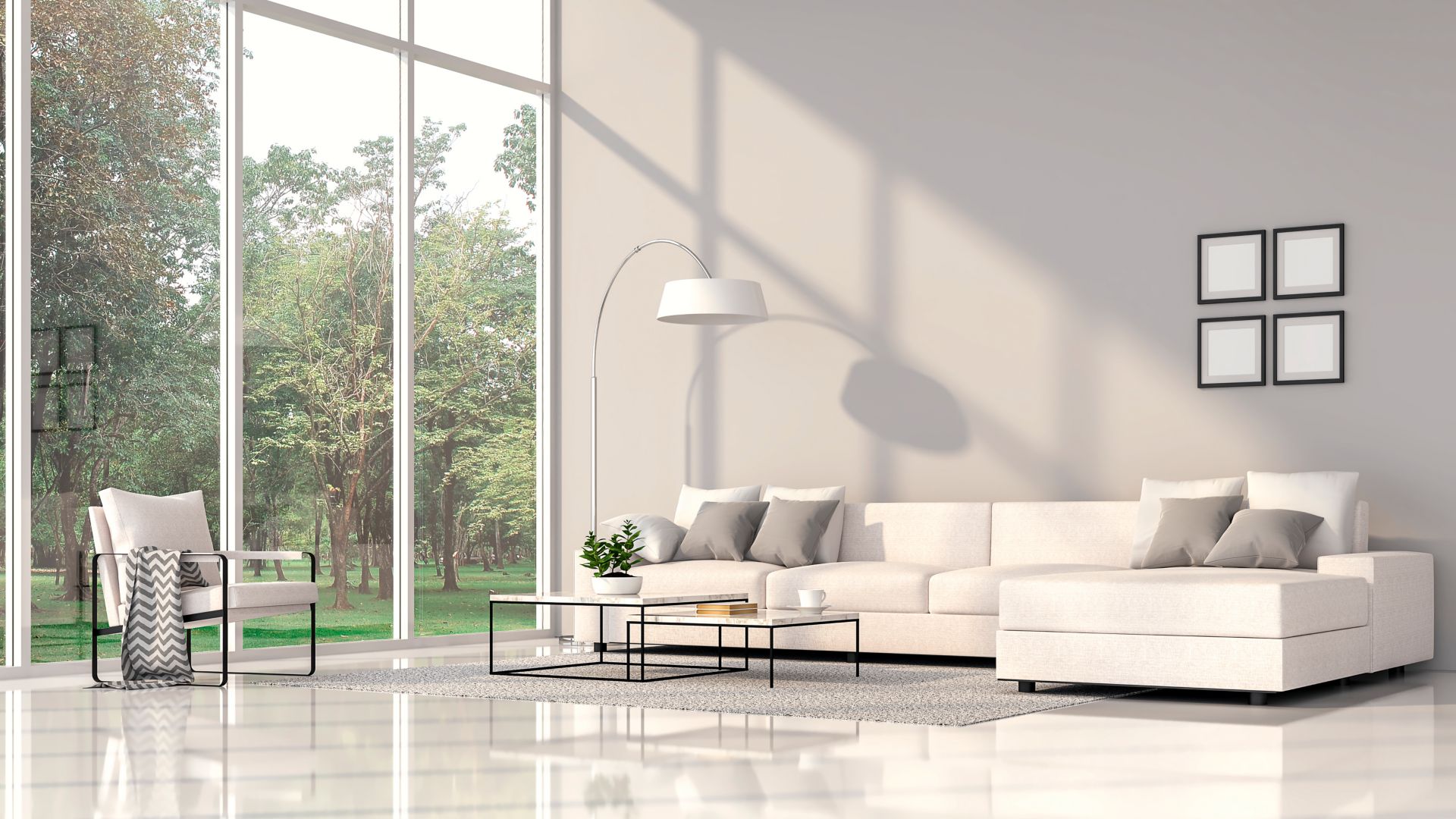 Modern living room interior 3d render.The Rooms have white floors and gray wall.furnished with white fabric furniture.There are large window. Overlooks to nature view.