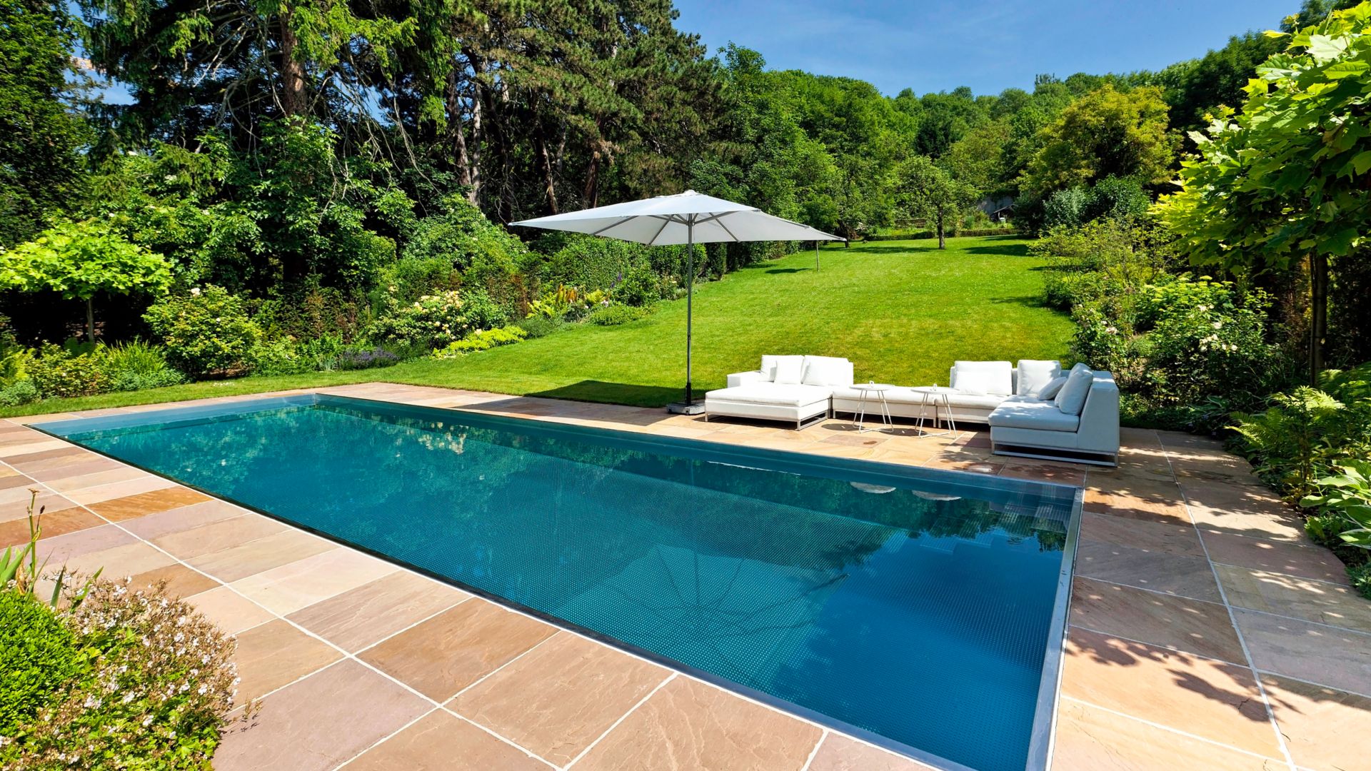 Modern swimming pool in a backyard garden on a sunny day