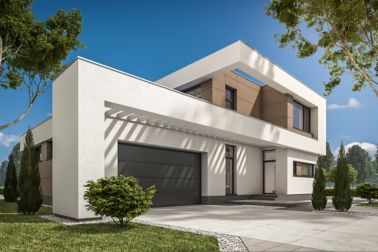 3d rendering of modern cozy house with garage for sale or rent with large garden and lawn. Clear sunny summer day with cloudless sky.