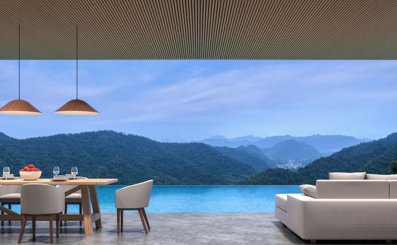Loft style pool villa salon et salle à manger avec vue sur la montagne image de rendu 3d 
