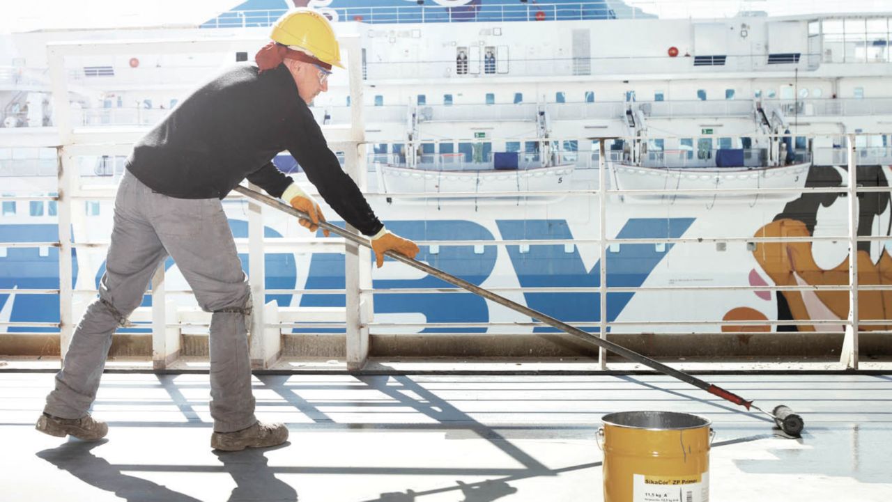 The application of the marine products on a ship deck.