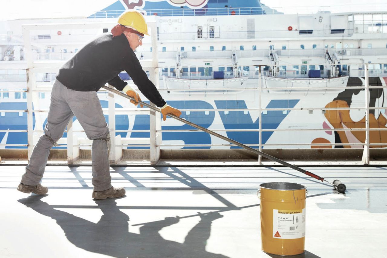 The application of the marine products on a ship deck.