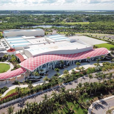 Single-ply roof PVC membrane of Sarnafil adhered roofing system installed on  Baha Mar Resort in the Bahamas