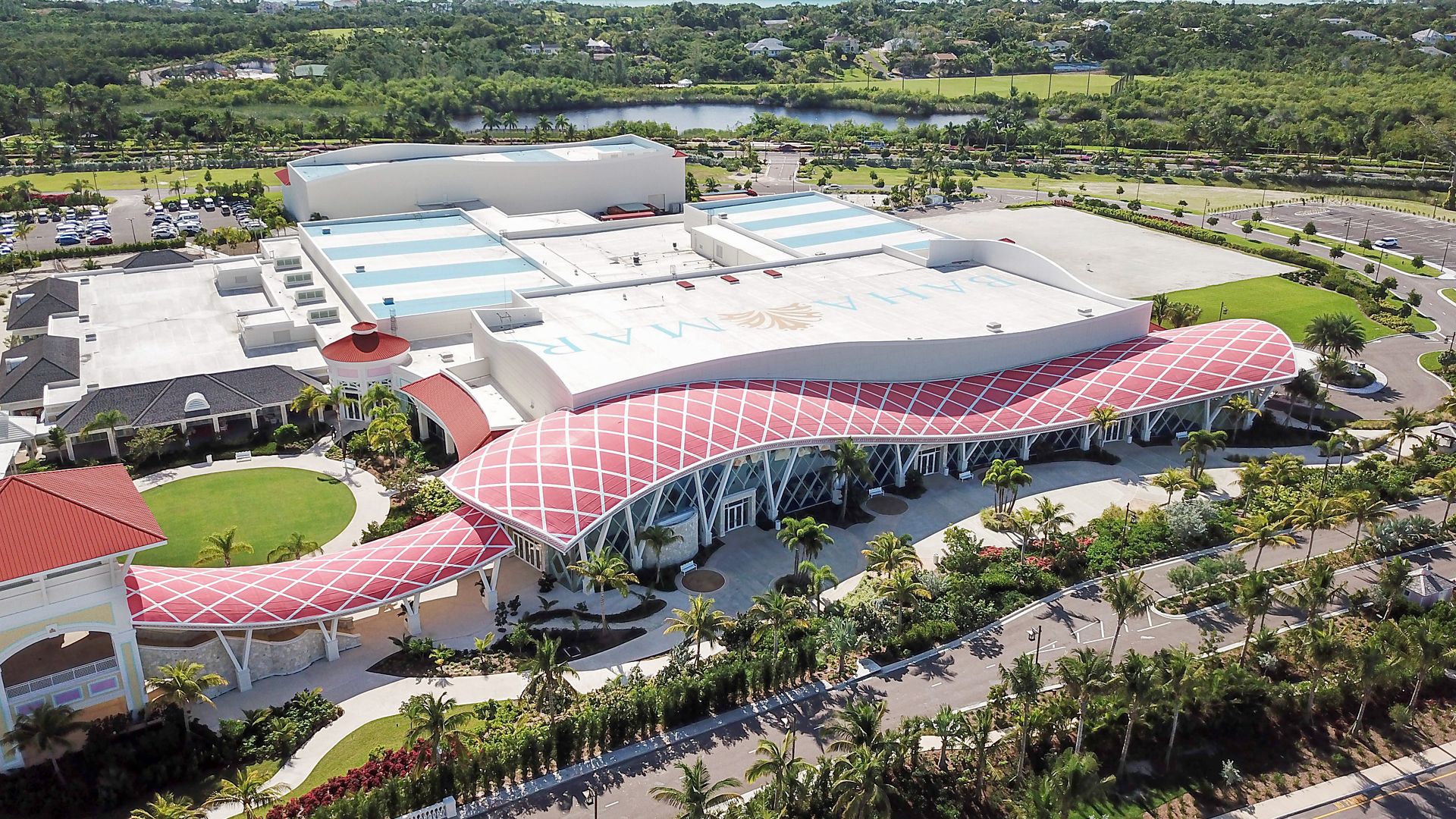 Single-ply roof PVC membrane of Sarnafil adhered roofing system installed on  Baha Mar Resort in the Bahamas