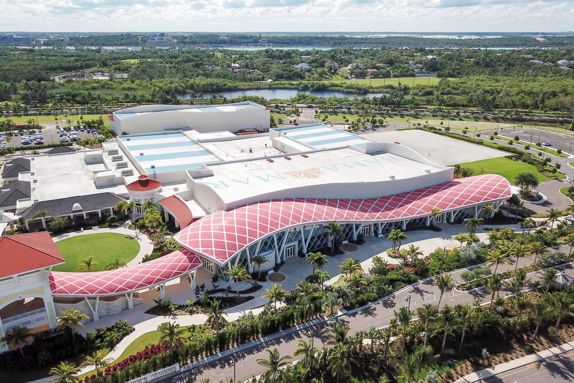 Single-ply roof PVC membrane of Sarnafil adhered roofing system installed on  Baha Mar Resort in the Bahamas