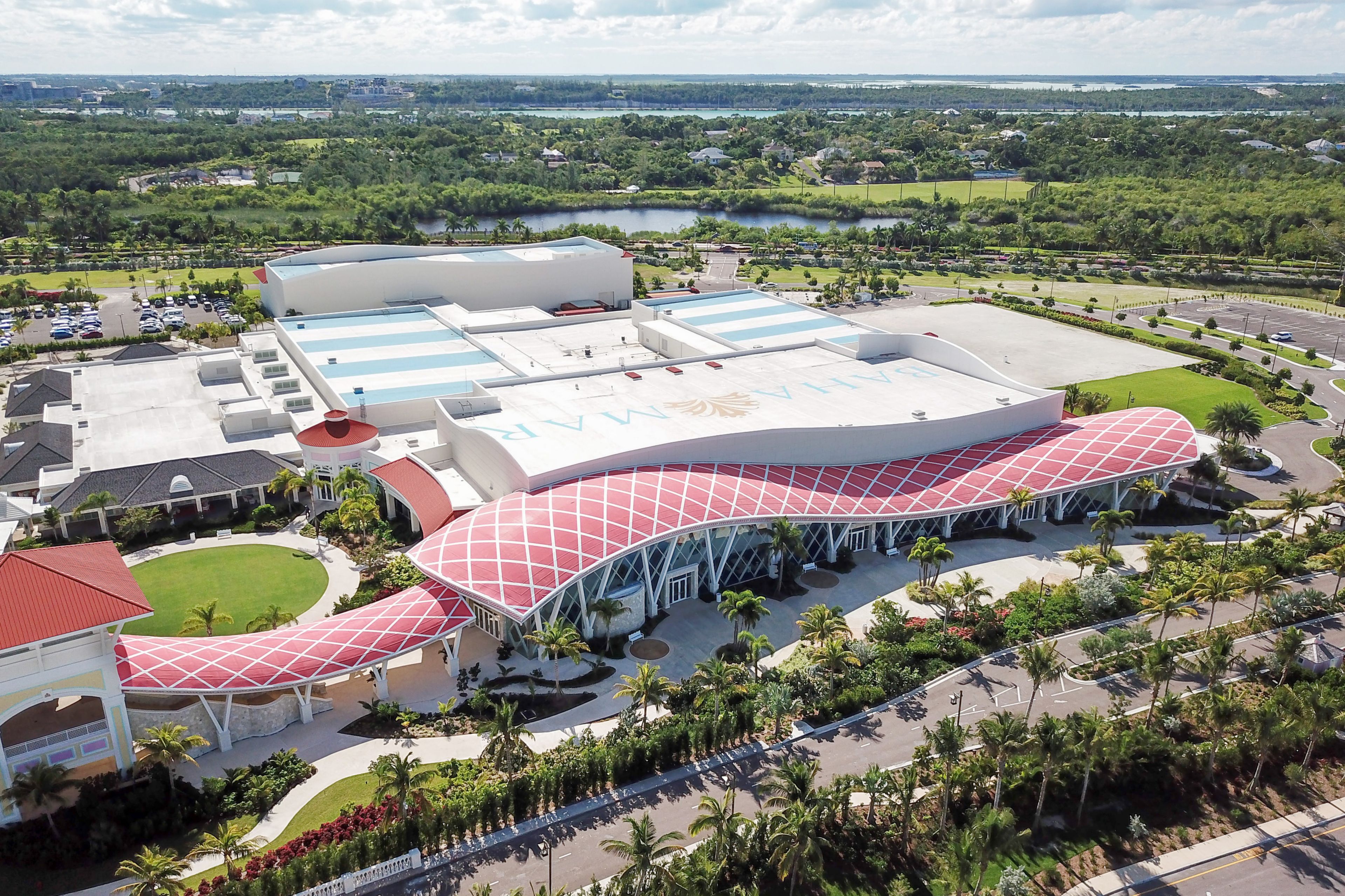 Single-ply roof PVC membrane of Sarnafil adhered roofing system installed on  Baha Mar Resort in the Bahamas
