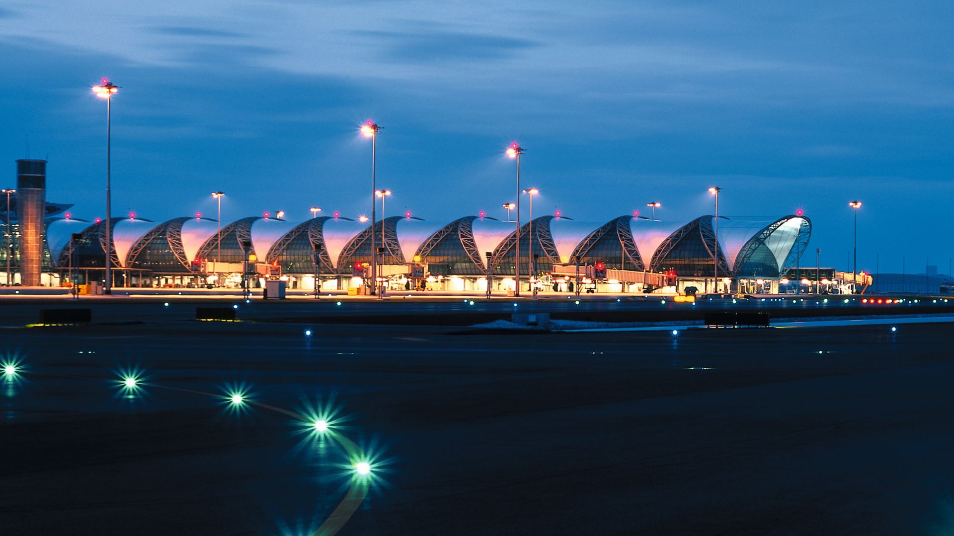 Airport terminal pictured from the runway