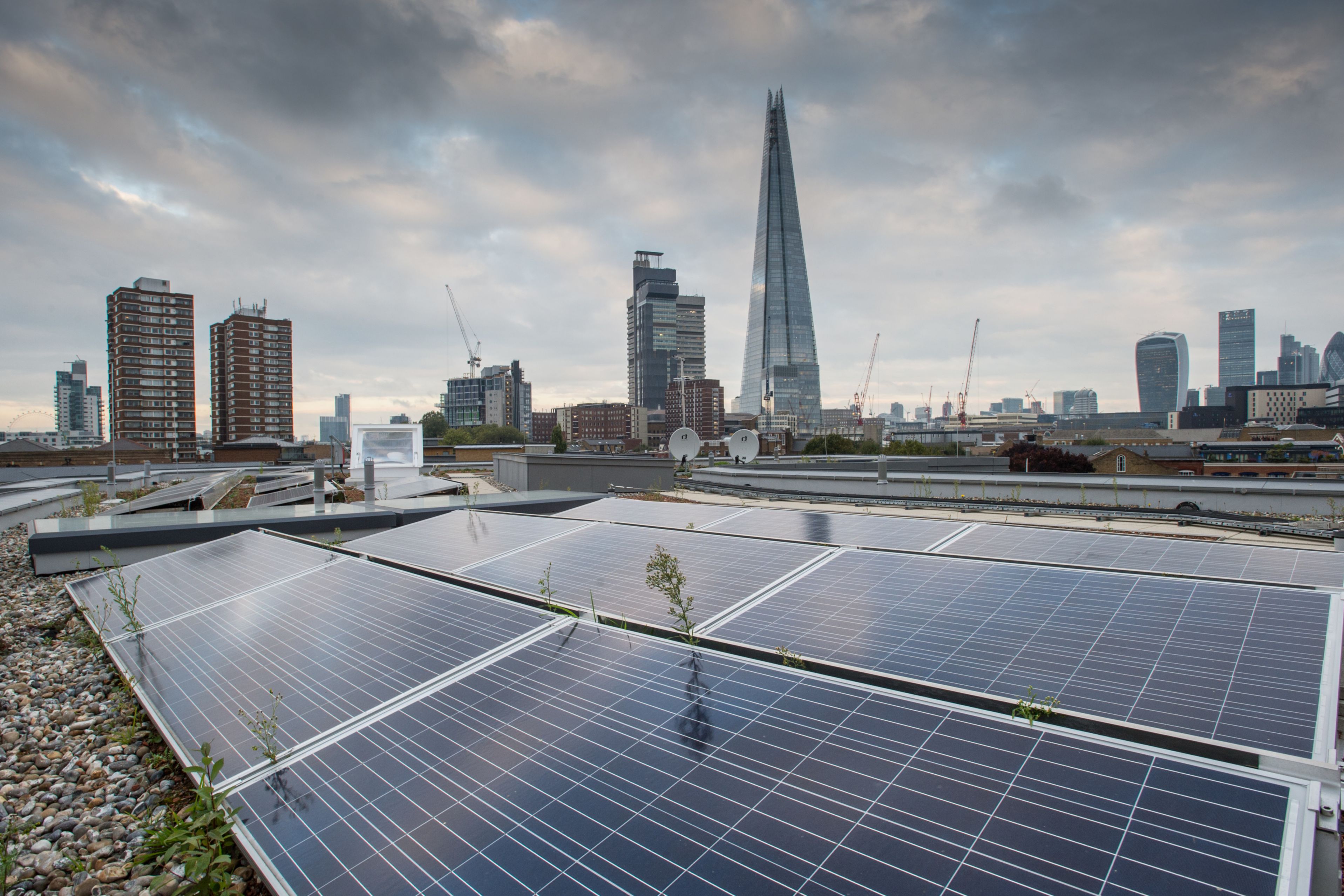 Solar roof with single-ply membrane installed on Bermondsey Village buildings in London in UK