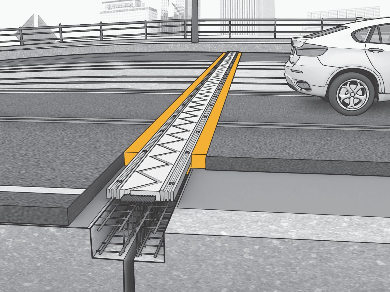 Illustration of bridge deck expansion joint at pavement with car driving over