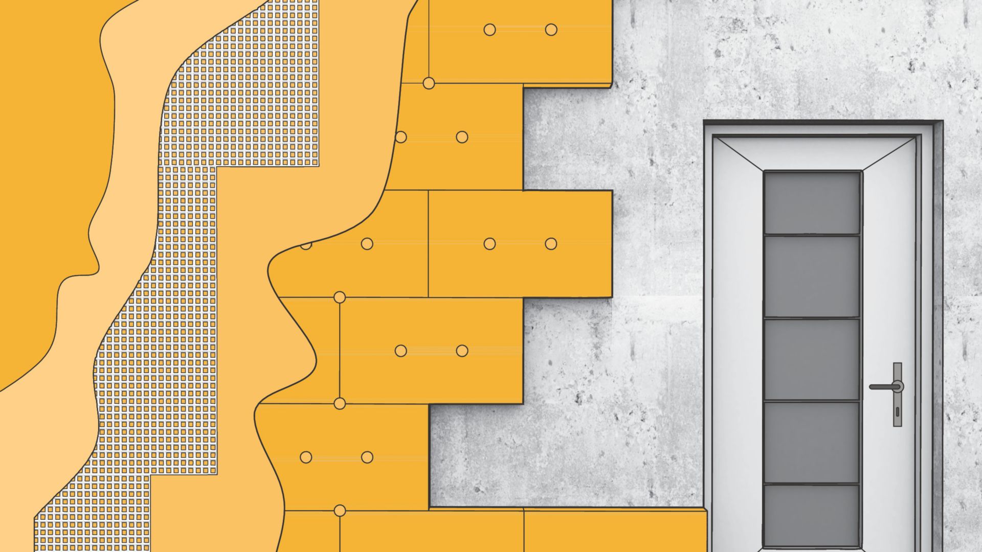 Illustration of ETICS EIFS facade insulation system applied to building wall with door