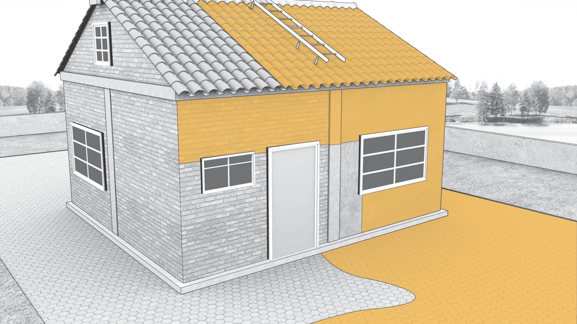 Illustration of Sikagard protect product applied to house building roof tiles, brick facade, stone pavement