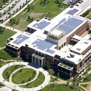Solar roof with single-ply Sarnafil membrane installed on Bush Presidential Library in Dallas in USA