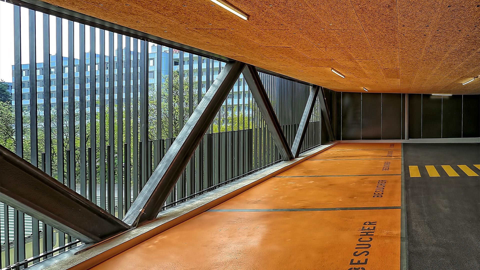 Colorful floor coating in car parking garage