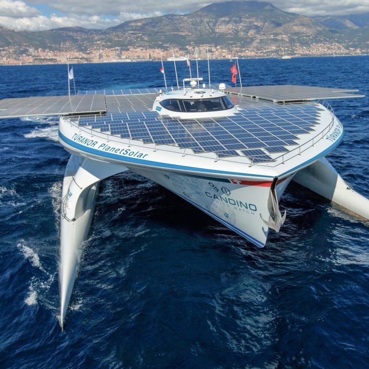 catamaran with solar panels in the sea