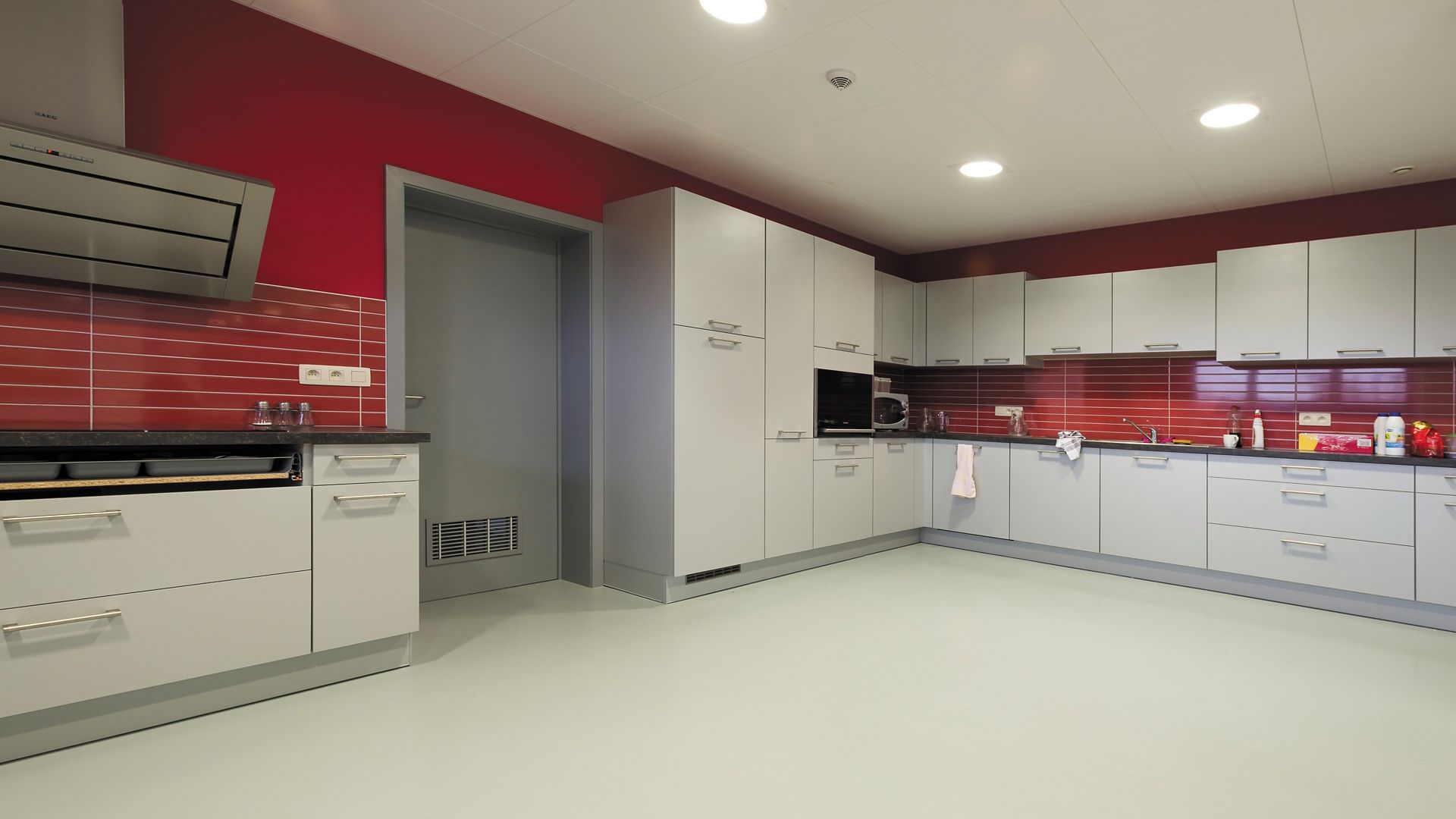 Sika ComfortFloor® grey floor in modern kitchen with red walls