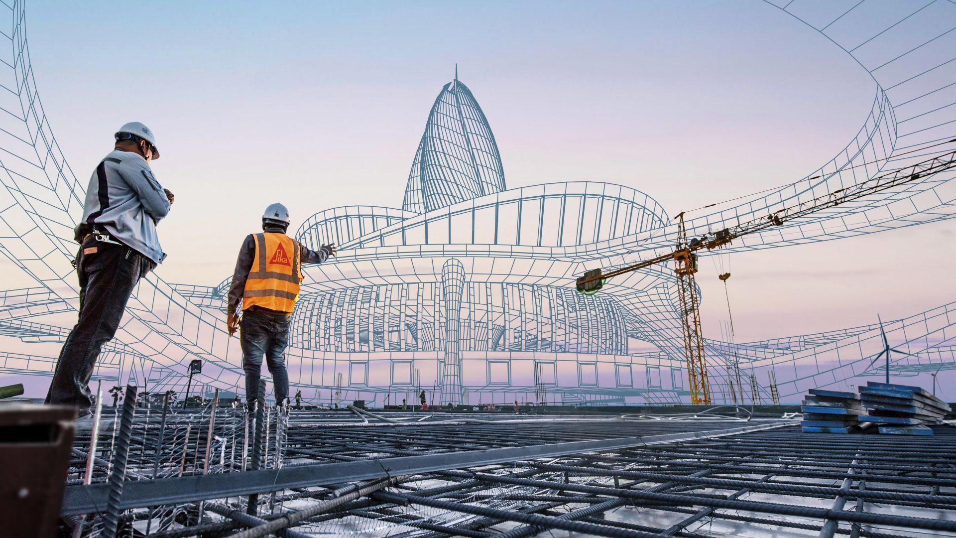 Sika engineer with rebar concrete cement in front of 3D blueprint building construction