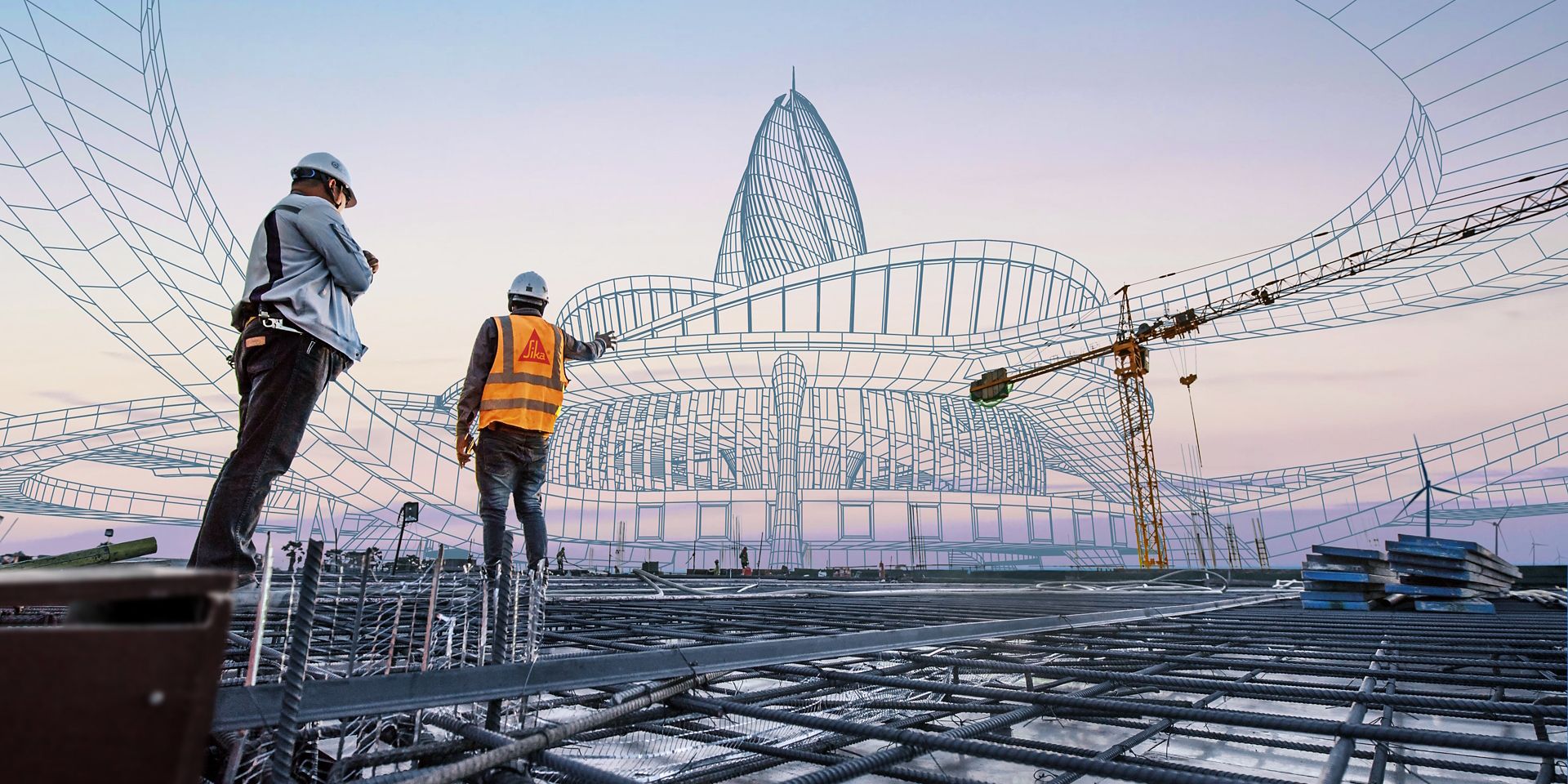 Sika engineer with rebar concrete cement in front of 3D blueprint building construction