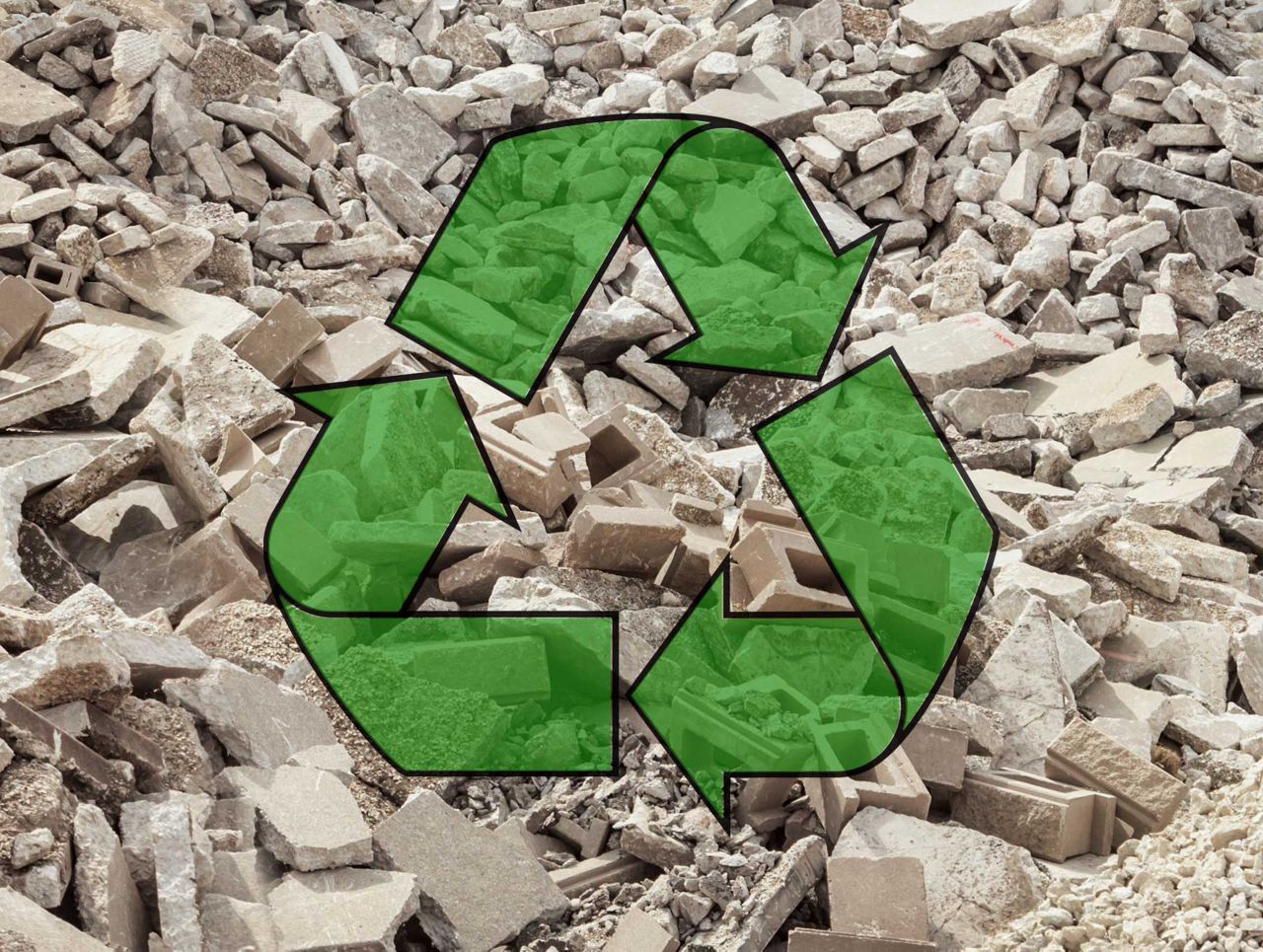 Illustration of green recycle symbol with broken concrete pieces
