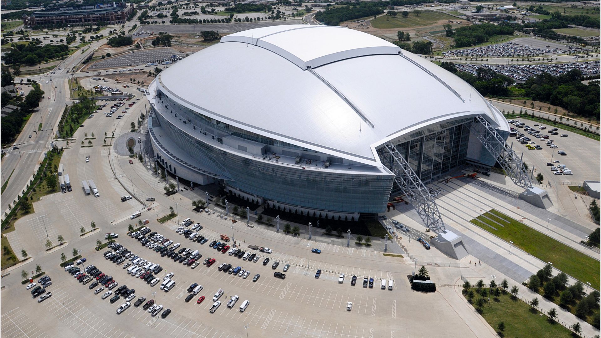 Single-ply roof PVC membrane of Sarnafil adhered roofing system installed on Cowboys Stadium in Texas in USA
