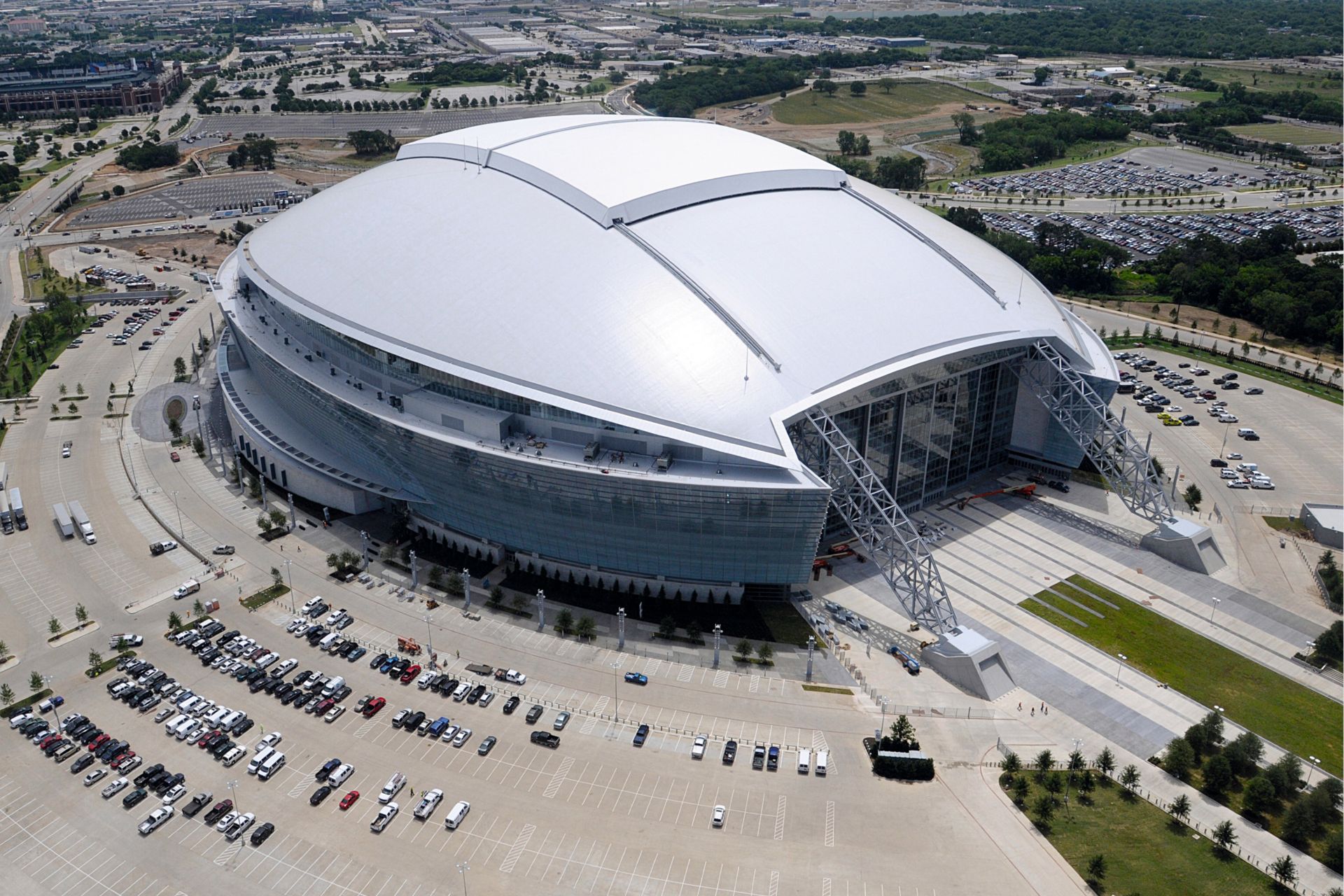 Single-ply roof PVC membrane of Sarnafil adhered roofing system installed on Cowboys Stadium in Texas in USA