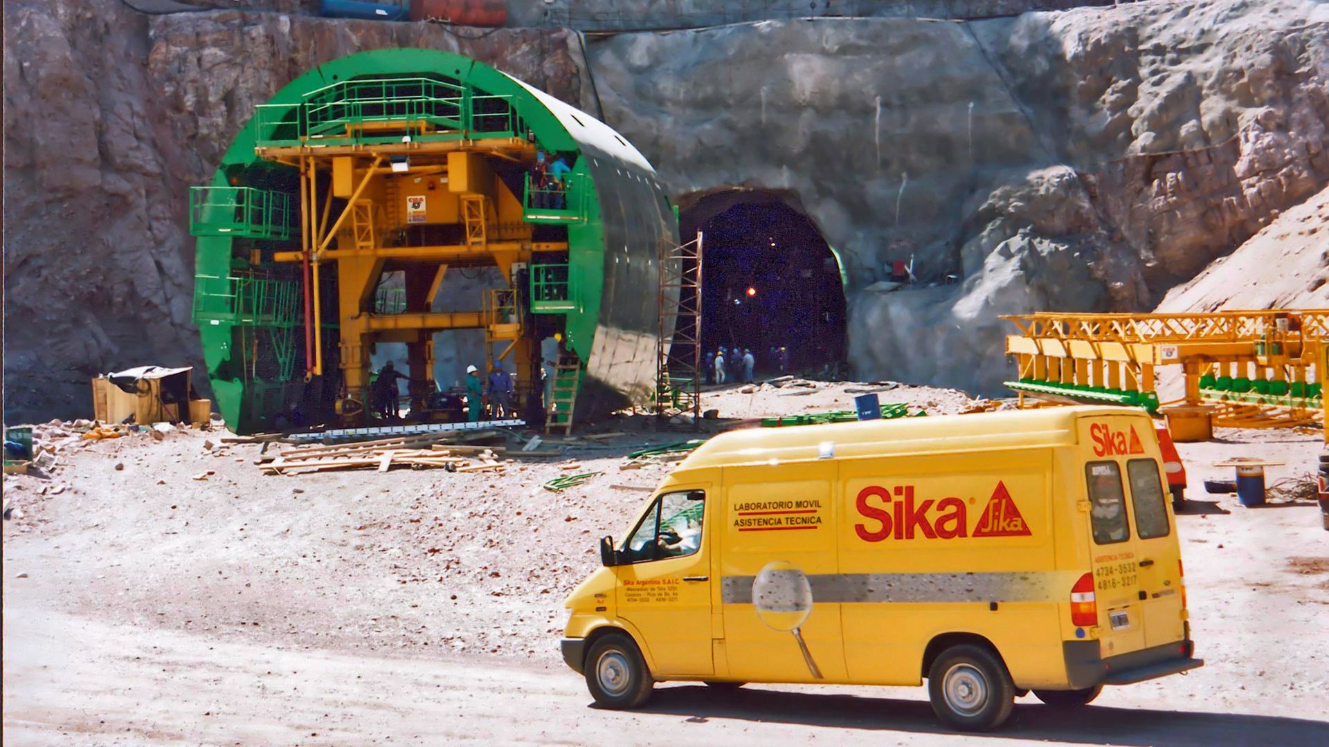 Sika van driving up to hydroelectric dam tunnel in Potrerillos, Argentina