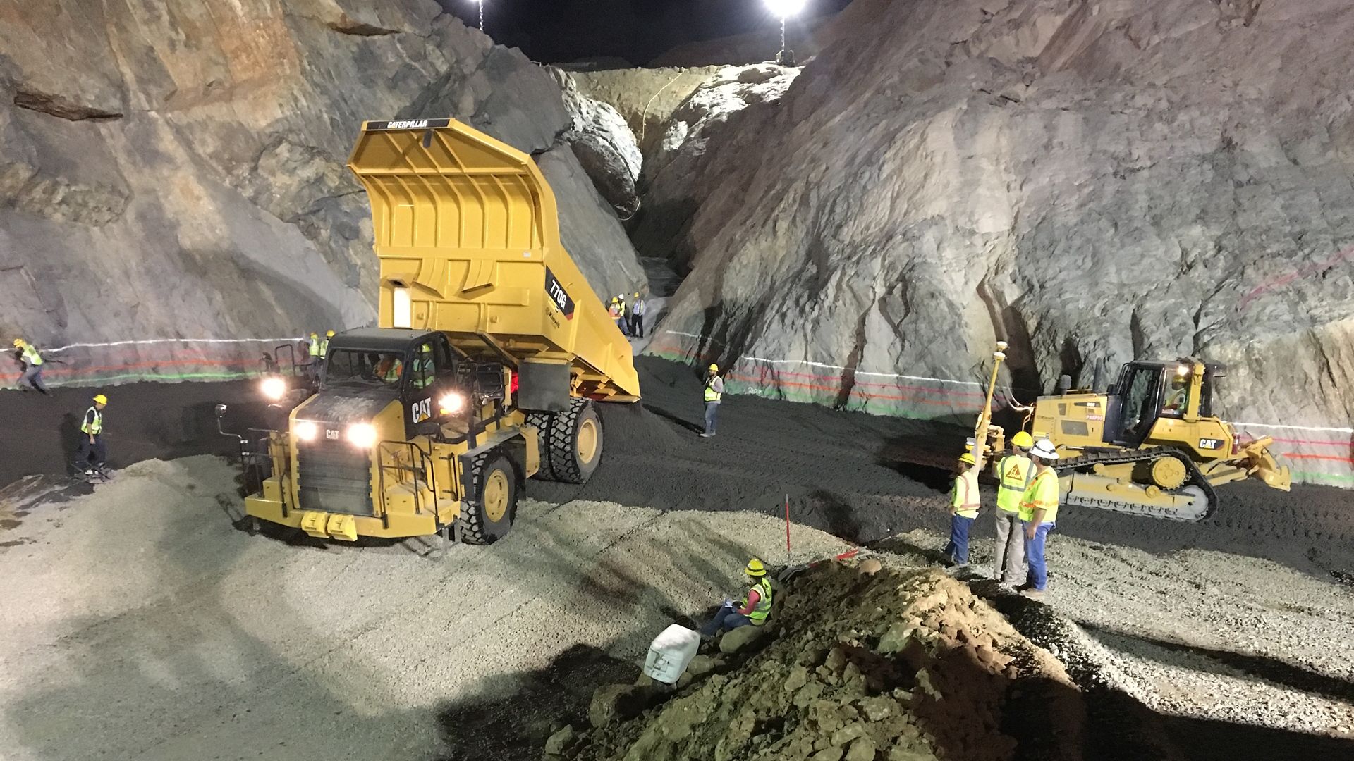 Construction work trucks at Oroville Dam in USA