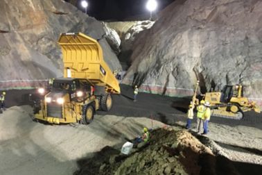 Construction work trucks at Oroville Dam in USA