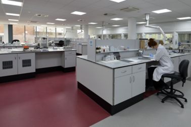 Clean red and white decorative laboratory interior floor with female research technician at work