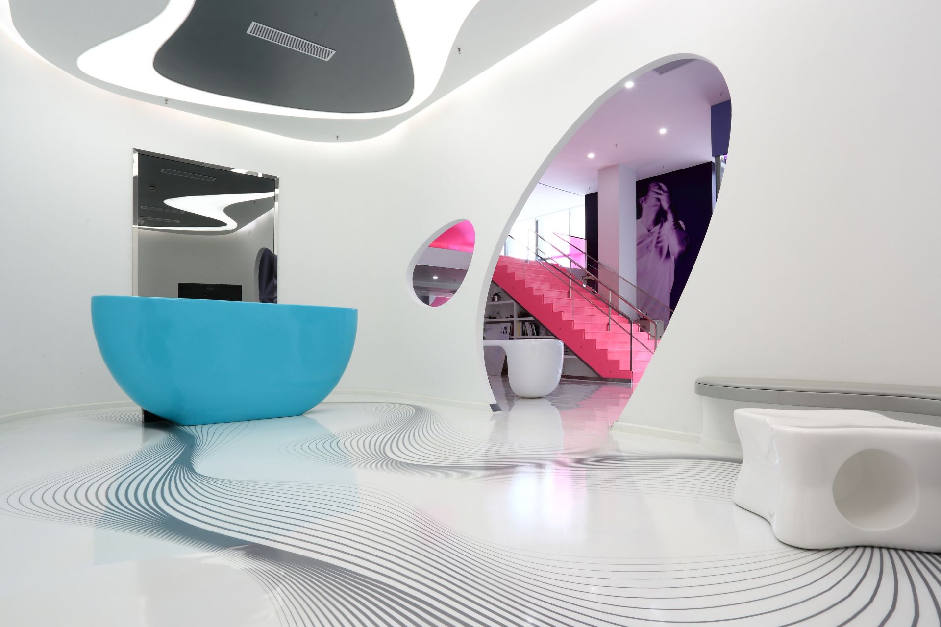 Decorative white floor made with Sika ComfortFloor system at Karim Rashid Design Institute in Shenzhen, China