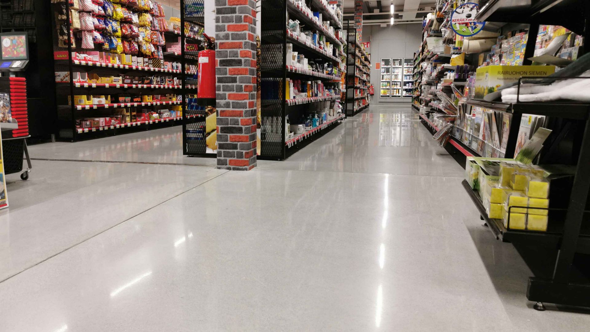 White dry shake terrazzo floor in supermarket grocery