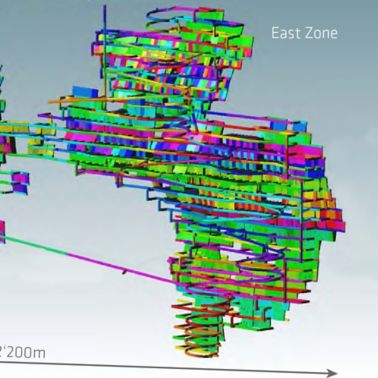 El Esbobal矿的采场布局和最终地下基础设施的等值线图