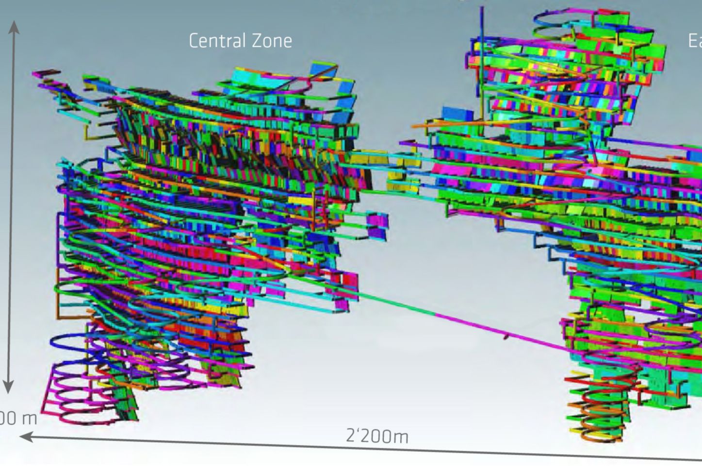 El Esbobal矿的采场布局和最终地下基础设施的等值线图