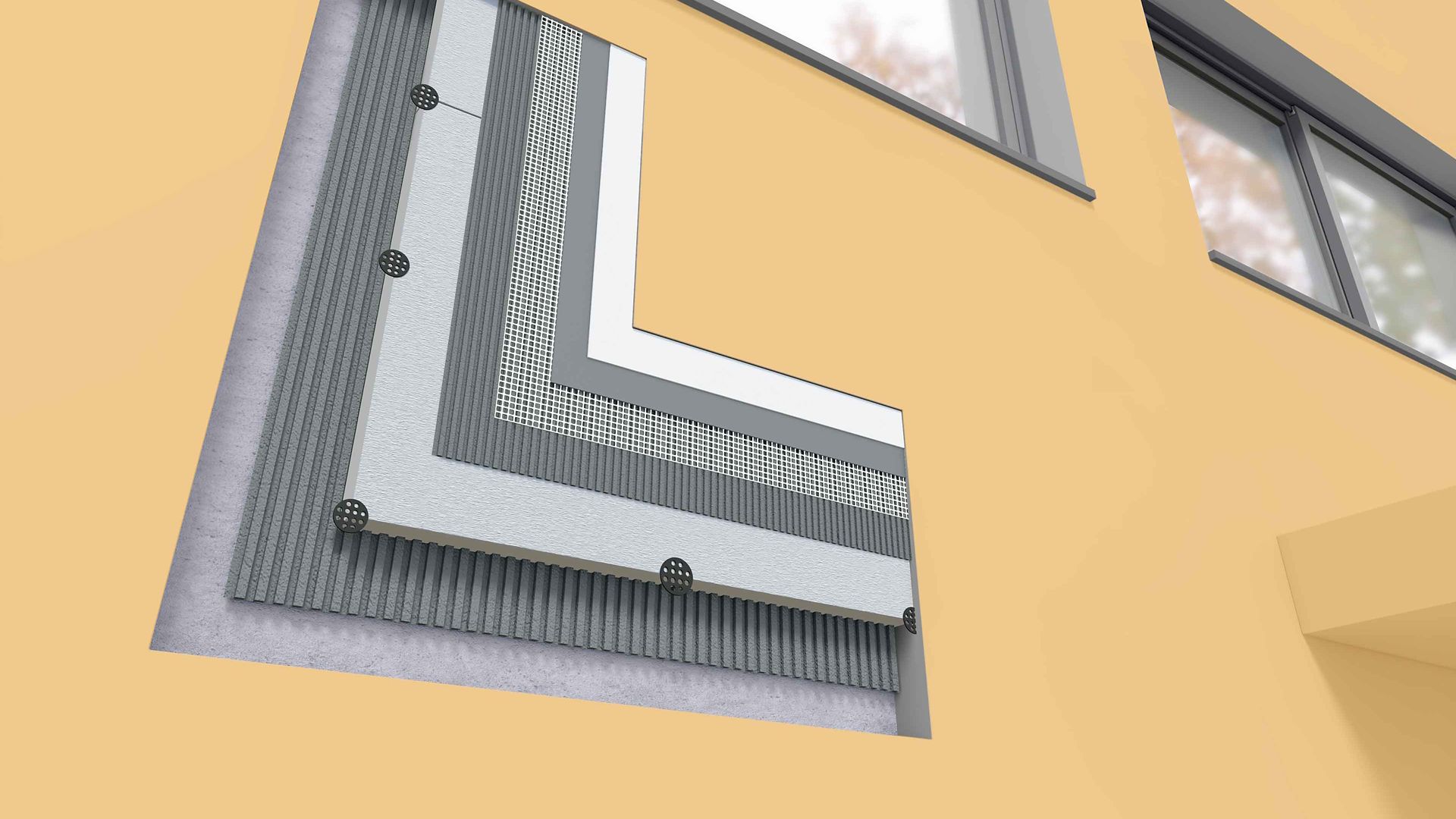 Illustration of ETICS EIFS yellow facade thermal insulation system buildup rendering for Sikatherm systems