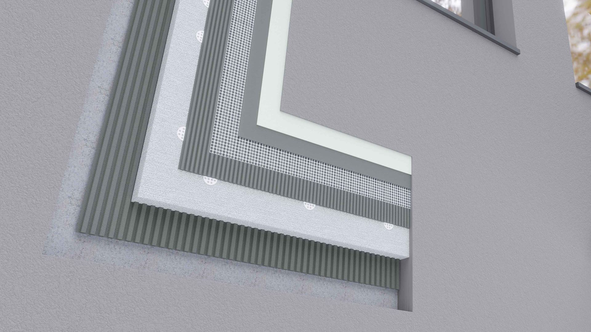 Illustration of ETICS EIFS facade insulation system buildup rendering for Sikatherm systems