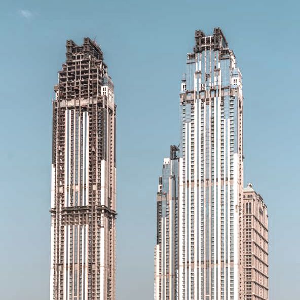 High-rise buildings with glass facade. Project Al Habtoor City.