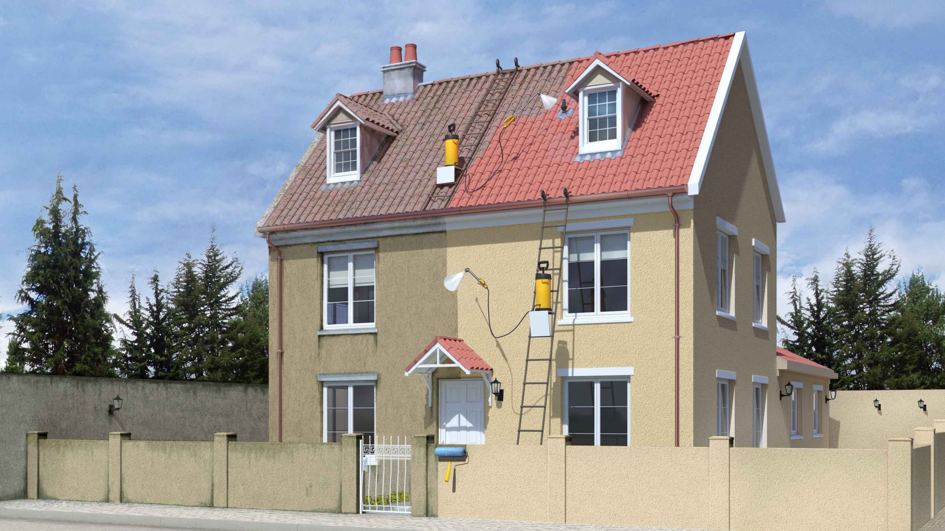 Illustration of house facade and roof being cleaned with Sikagard products and blue sky