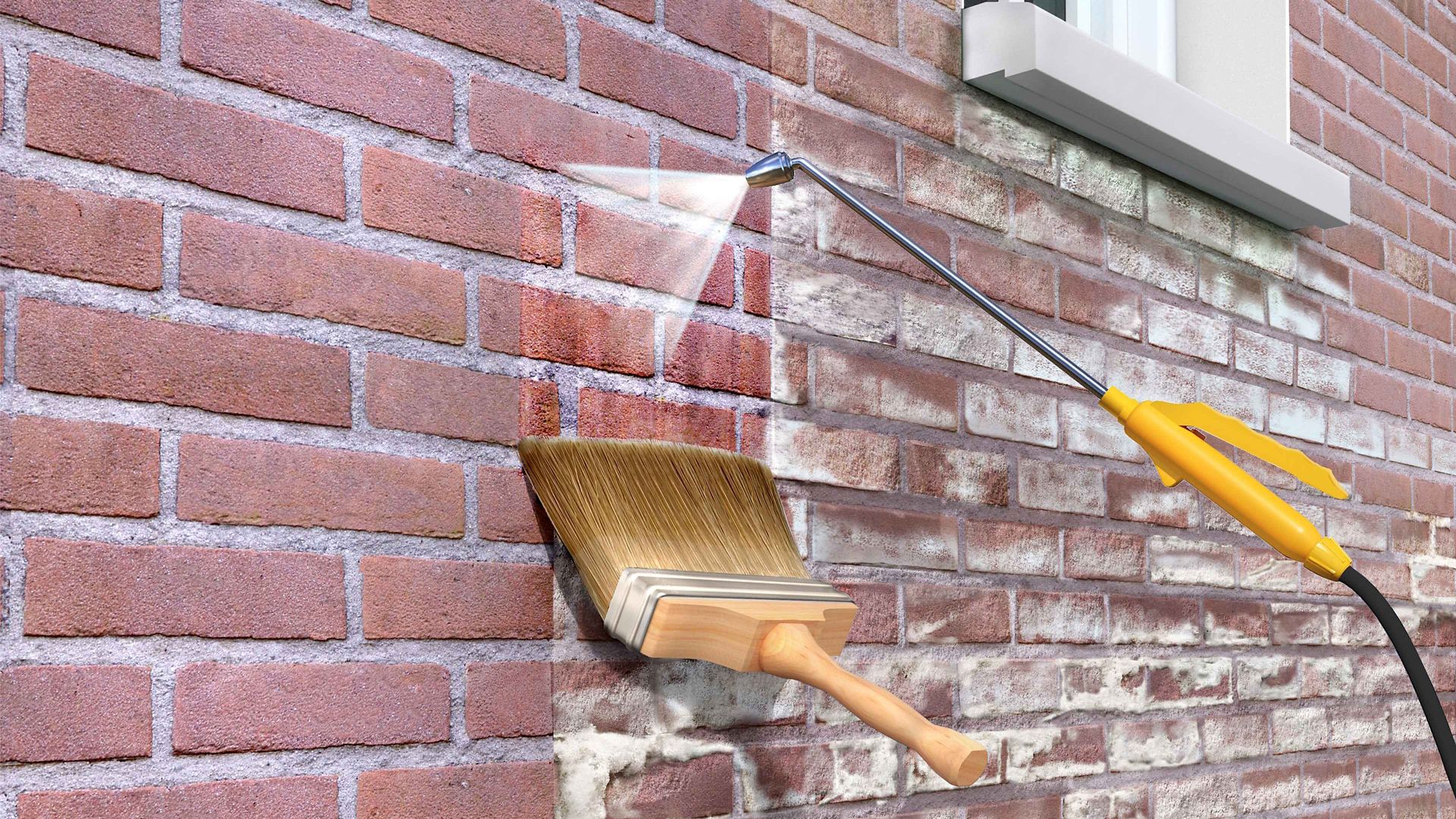 Illustration of brick wall facade being cleaned with Sikagard products spray gun and brush
