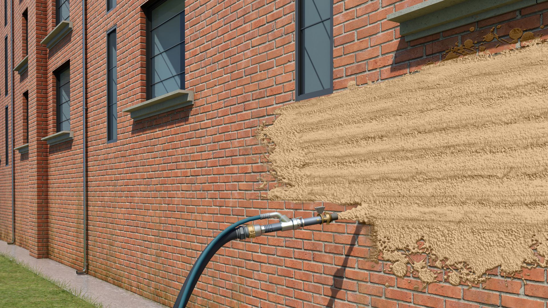 Illustration of SikaMur® tan monocouche facade finishing applied with spray on brick wall