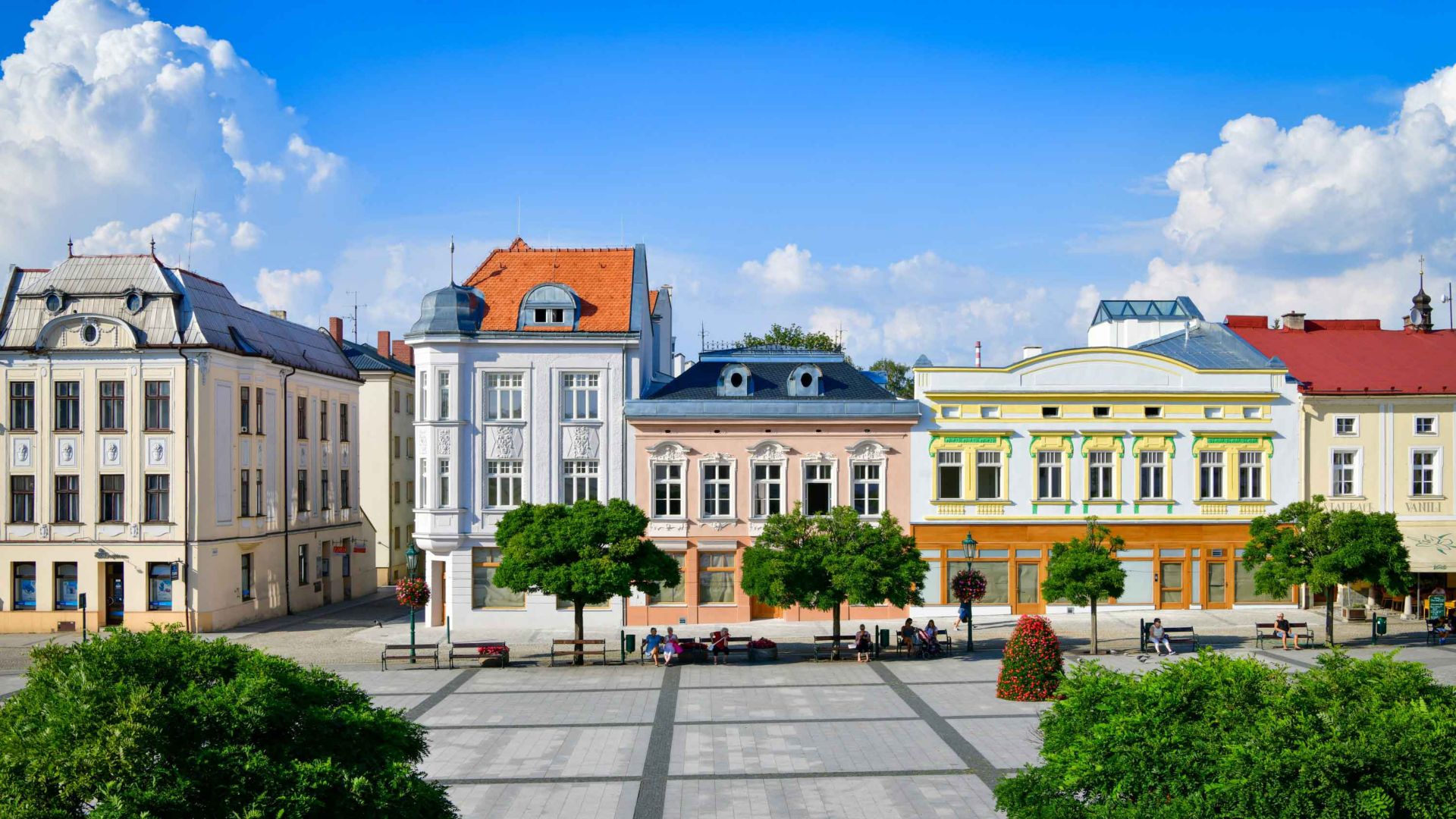 Historical house renovated pastel color facades in Karvina, Czech Republic