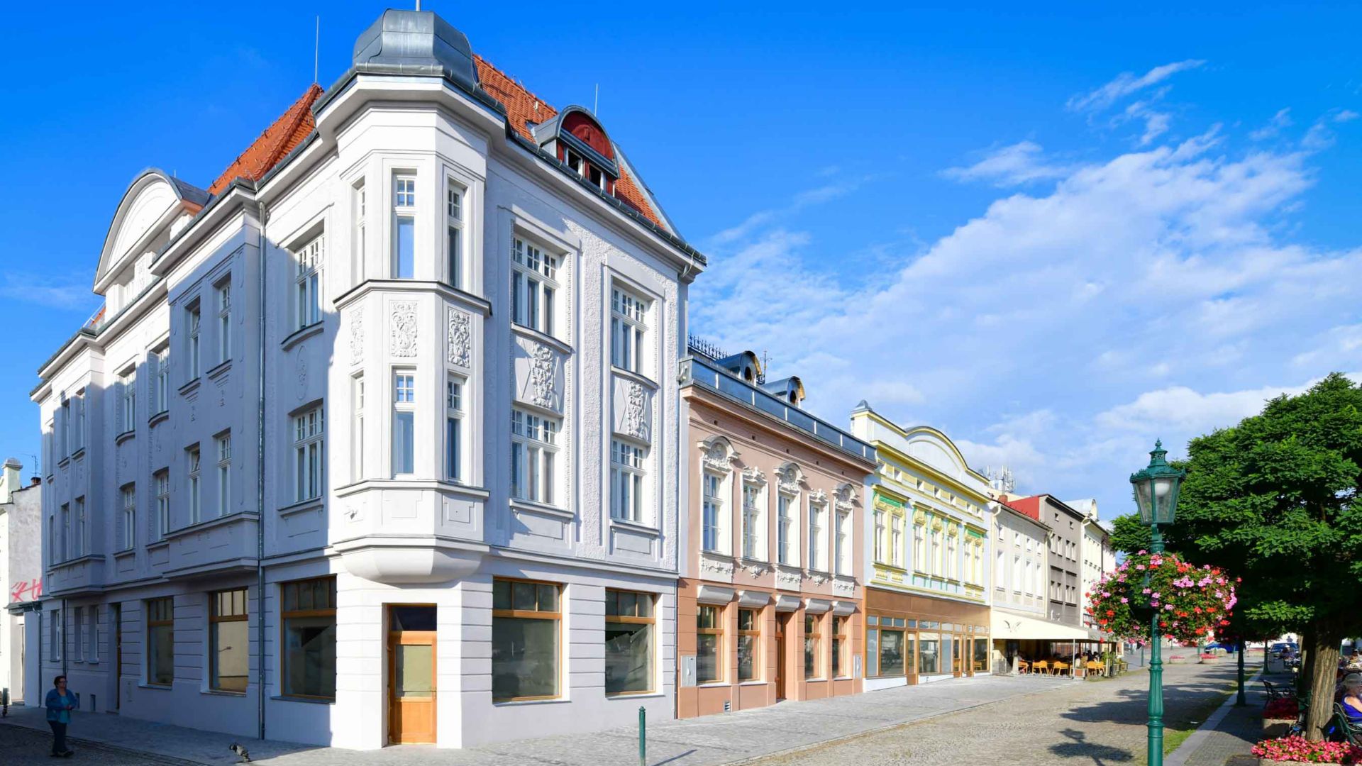 Historical house renovated pastel color facades in Karvina, Czech Republic