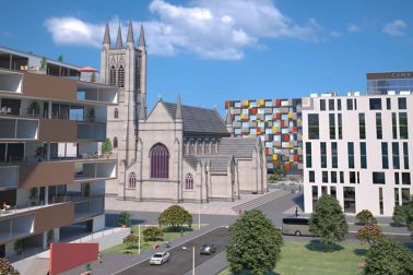 Illustration of city scape with apartment buildings, church, office building with facade and wall finishes