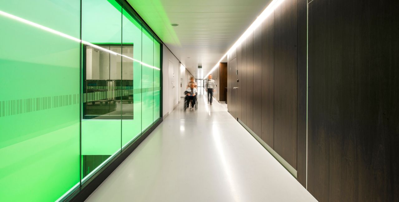 走廊与梅花树舒适地板在AZ Groeninge医院在比利时科尔特里克